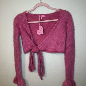 Sugar Thrillz Pink Fuzzy Tie-Front Cardigan
